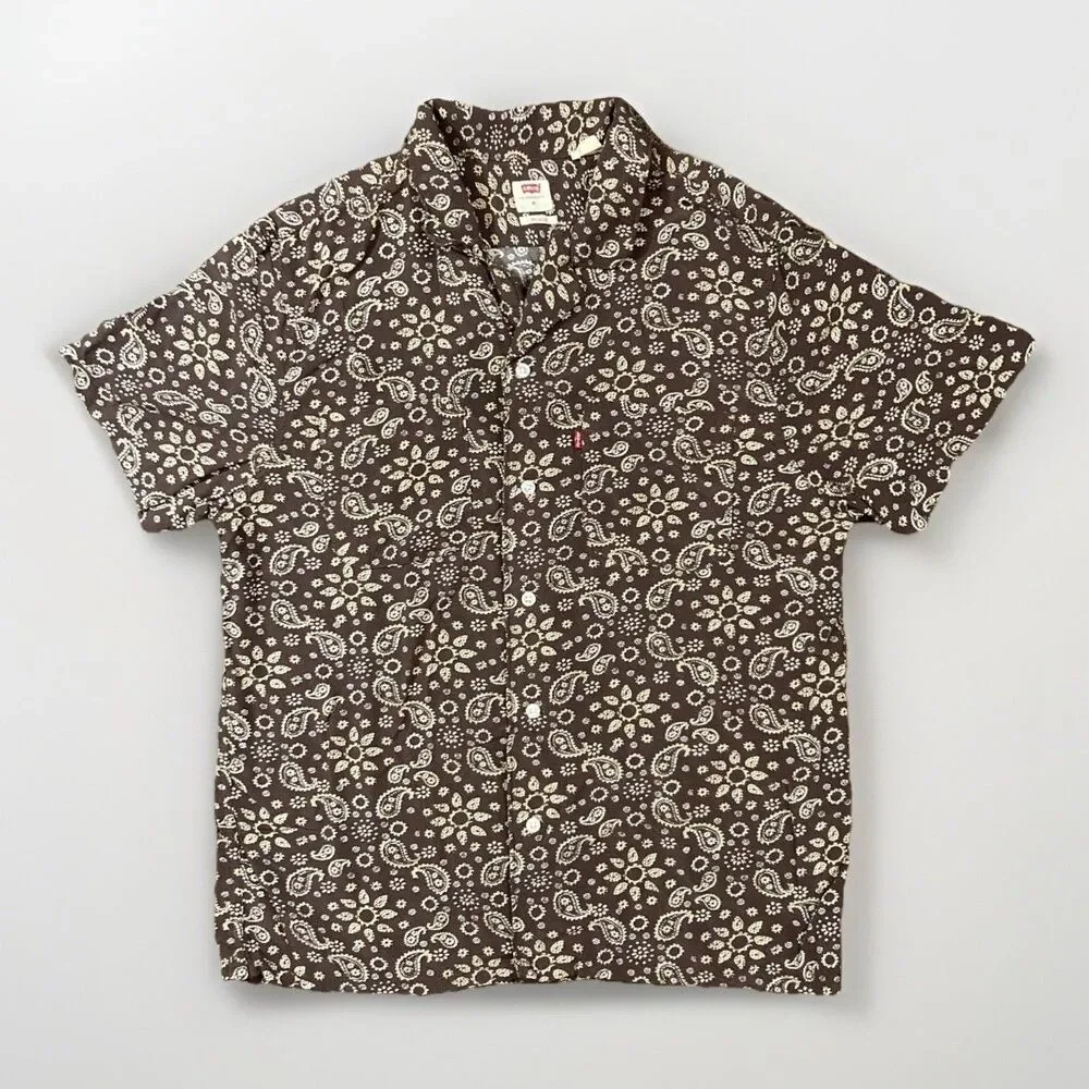 Levi's Men's Relaxed Fit SS Camp Button-Down Brown Paisley Shirt Size Medium